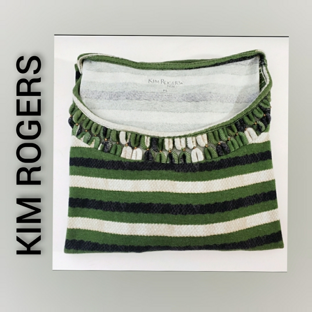 Kim Rogers Striped Top Green Blue Tan Petite Small